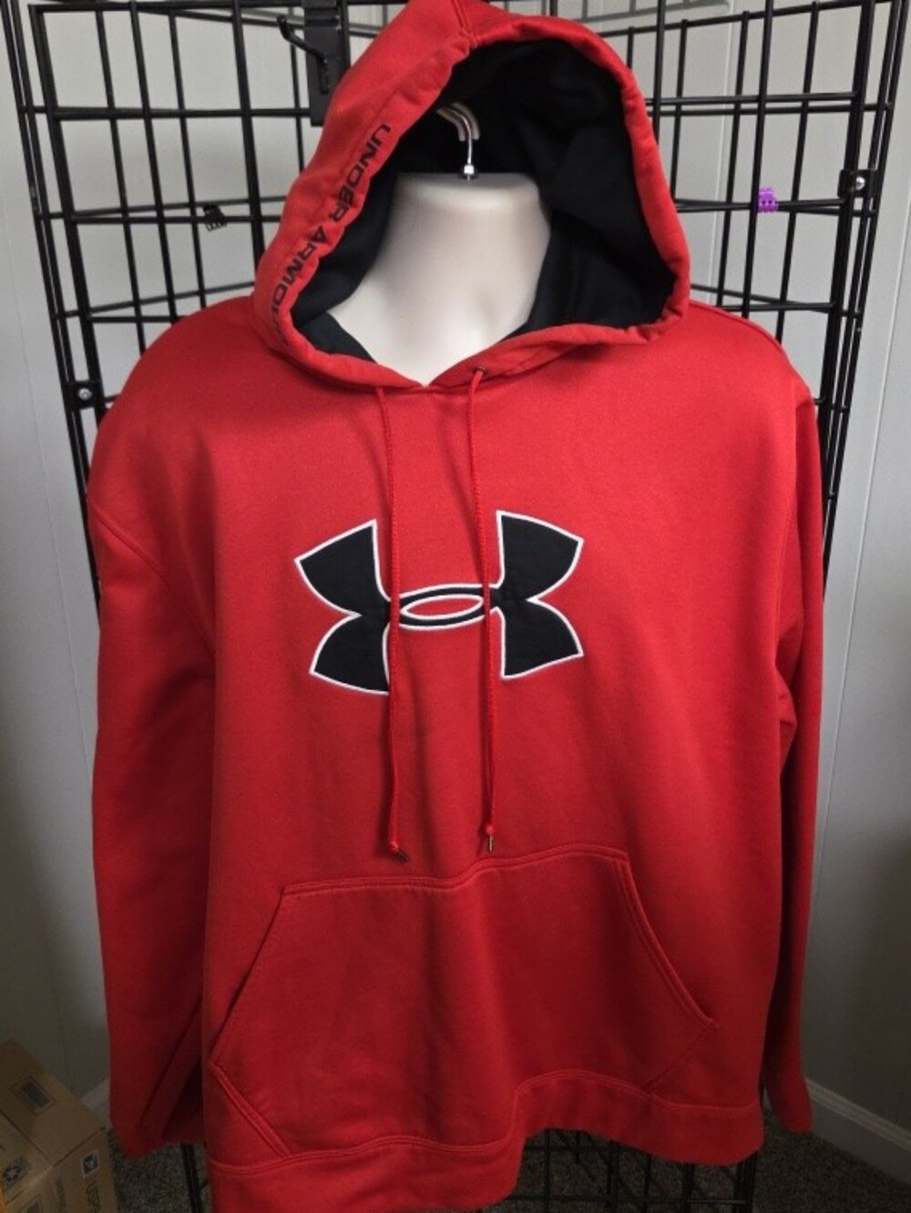 Under Armour Men's Fleece Pullover Hoodie XL Red Black Logo Pockets Drawstring